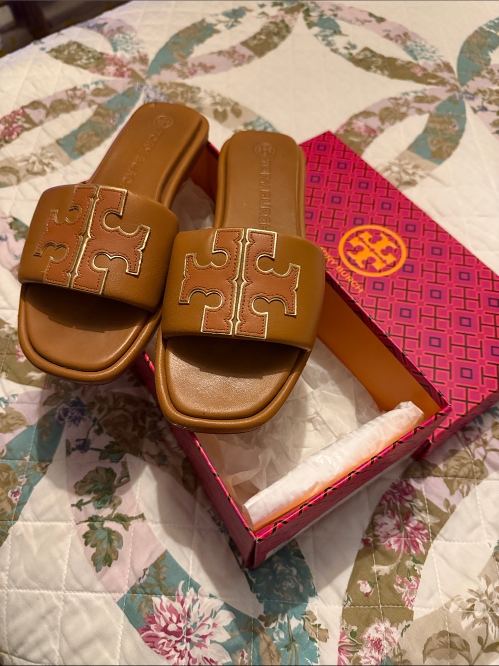 Tory Burch Cognac Leather Logo Slide Sandals